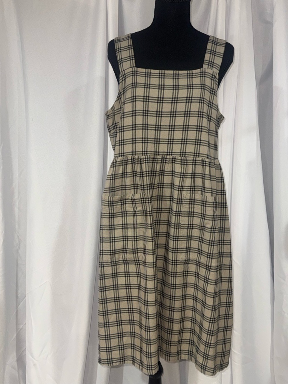 Mata Traders Beige and Black Plaid Square-Neck Midi Dress with Pockets